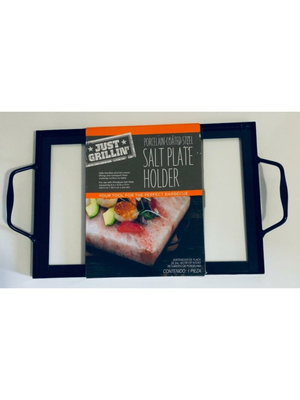 New Himalayan Salt Plate Holder Porcelain Steel 8x12 Handles Barbecue Grill
